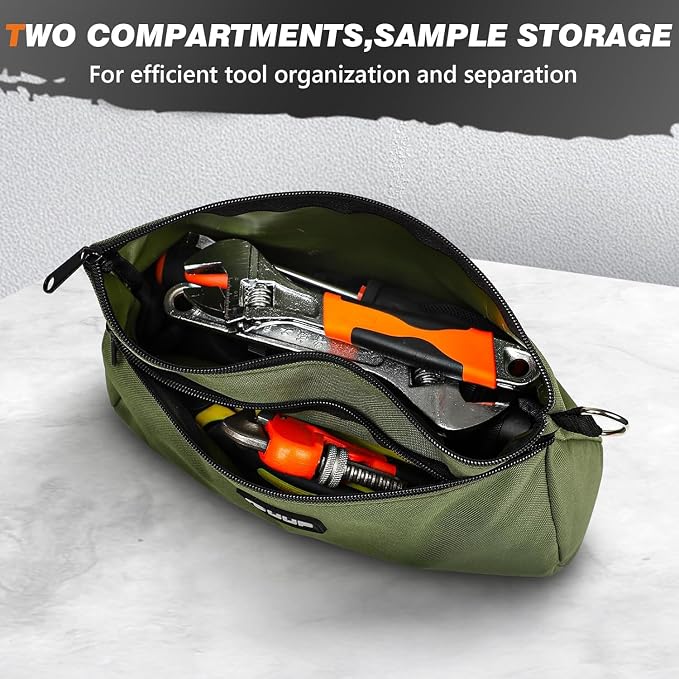 Tool Pouch 2-Pack 12" 10", Divider Zipper Bag, Small Tool Box Organizer | Waterproof, Heavy-duty Oxford, Smooth Zipper, D-Ring, Storage Case for Car Work Tool. Electrician Gift, Orange/Green - Image 3