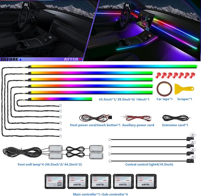 Dreamcolor Acrylic Interior Car LED Strip Light with Wireless APP, RGB 14 in 1 with 175 inches 600 LEDs Fiber Optic Car Ambient Lighting Kits, Music Sync Function Neon LED Strip for Car Accessories - Image 3