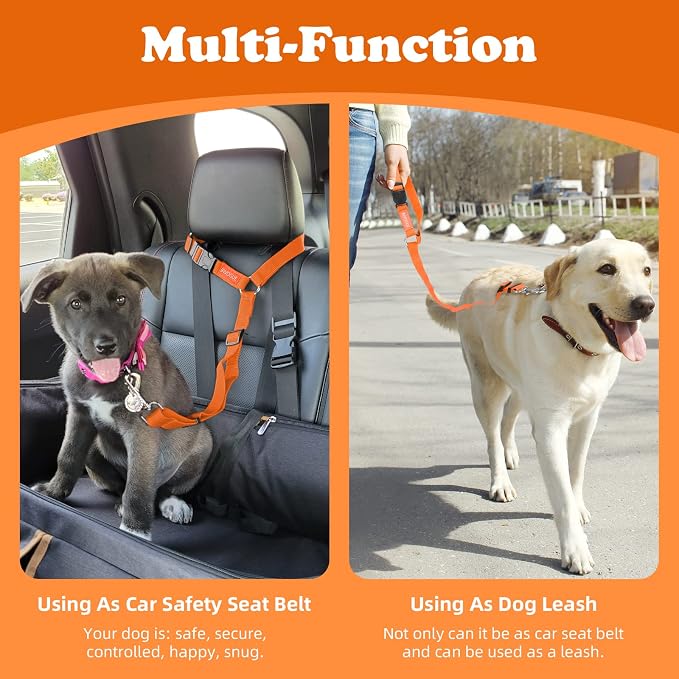 BWOGUE 2 Pack Dog Seat Belt for Car, Headrest Restraint Strap, Orange | Headrest Loop, 18-30 in Adjustable, 2-in-1 Seat Belt and Leash, Nylon Strap, 2 Pack for Dogs and Cats, Use with Dog Harness - Image 6