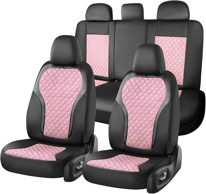 Coverado Car Seat Covers Full Set, Pink Car Seat Covers, Luxury Leather Car Seat Cover with Carbon Fiber Textured Design, Spill-Proof Seat Cushions, Automotive Seat Cover Universal Fit Most Cars by COVERADOAUTO