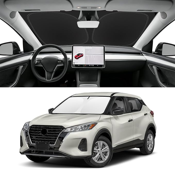 Custom Fit Windshield Sun Shade for Nissan Kicks 2018-2024 | Blocks UV Rays and Sun Heat, Helps Reduce Interior Temperature, Protects Dashboard from Fading, Folds Easily for Storage by SLOGENTO