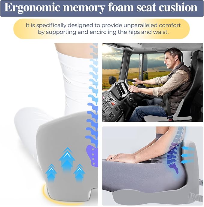 Memory Foam Seat Cushion for Sciatica & Back Pain Relief - Ergonomic Chair Pad with Adjustable Strap & Supportive Comfort Cover, Non-Slip for Car, Truck, Office Chair - Light Gray - Image 3