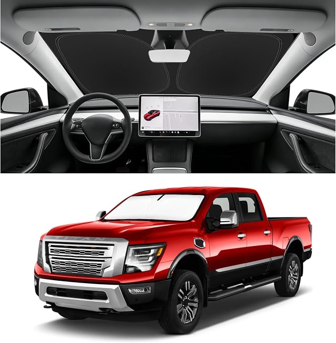Custom Fit Windshield Sun Shade for Nissan Titan 2020-2025 | Blocks UV Rays and Sun Heat, Helps Reduce Interior Temperature, Protects Dashboard from Fading, Folds Easily for Storage by SLOGENTO