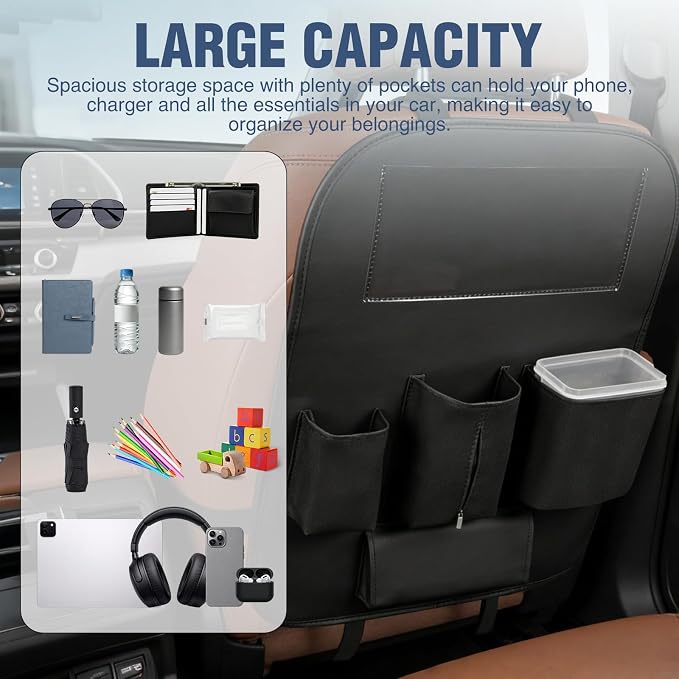 Nilight Car Seat Back Organizer 2PCS Black PU Leather Universal | Cup Holder Tissue Box Removable Bucket Waterproof Multifunctional Storage Bag for Cars Vans SUVs MPVs Pickup Trucks - Image 4