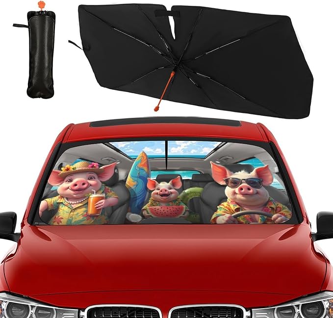 Socira Funny Pig Car Windshield Sunshade Umbrella Foldable Umbrella | Sun Shade Windshield Cover Cute Pig Sunshade Car Accessories Blocks Uv Rays Keeps Cool (57" X 30") - Image 9