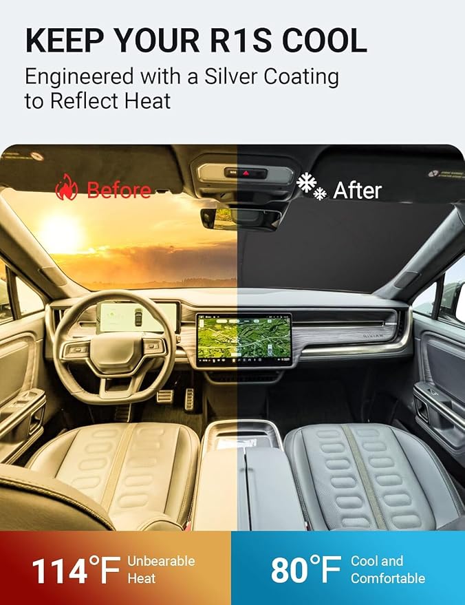 Proadsy Custom Fit 2022-2026 Rivian R1S Windshield Sun Shade, Blocks Heat | 240T Heat Shield, Drops Temp 54°F, Blocks 99% UV, Prevents Dashboard Cracking, Summer Parking & Beach Trips, Easy Twist-Fold - Image 3