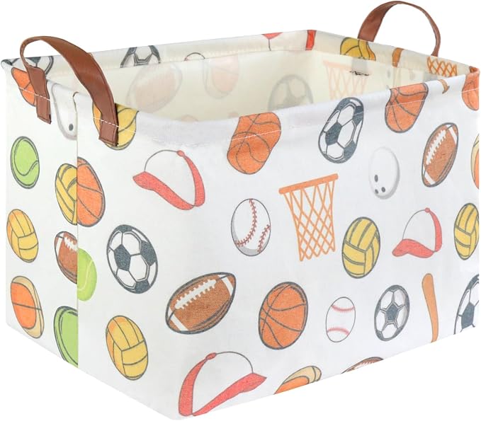 Rectangular Ball basket,Kids Storage Bins, Foldable and waterproof canvas kids basket organizer, Boys toy box,boys Room Decor,shelf basket(Ball game) by FXOCSHE
