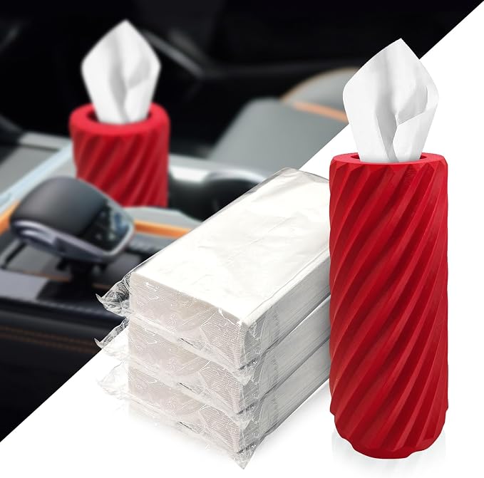 Car Tissue Holder, Refillable Round Cylinder with 3 Tissue Packs, Universal Fit for Vehicle Cup Holder, Home & Office, Car Accessories Interior (Red) by Unknown