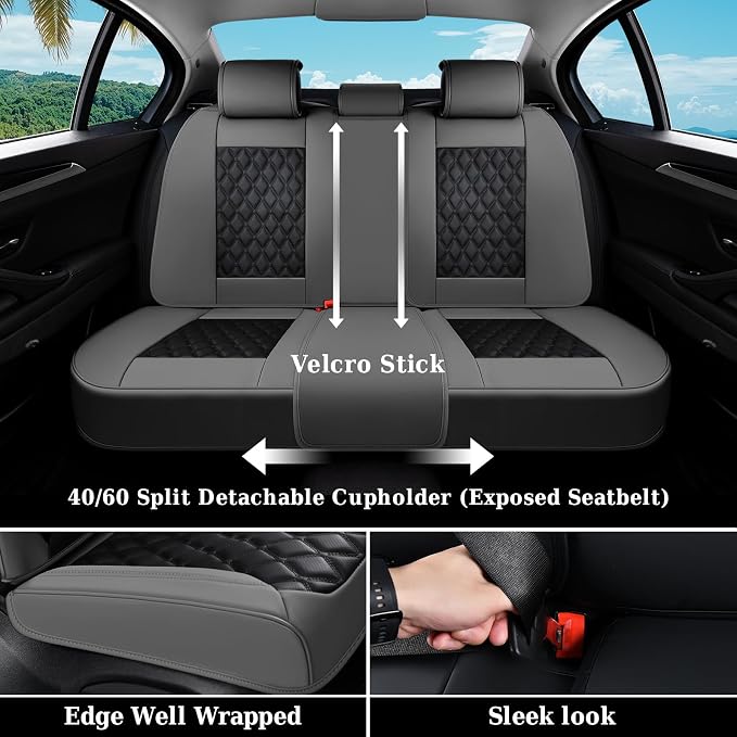 Coverado Universal Car Seat Covers Full Set, Minimalist Scratch-Resistant Waterproof Faux Leather Front & Rear Seat Protectors, Business Daily Driving – GrayBlack - Image 4