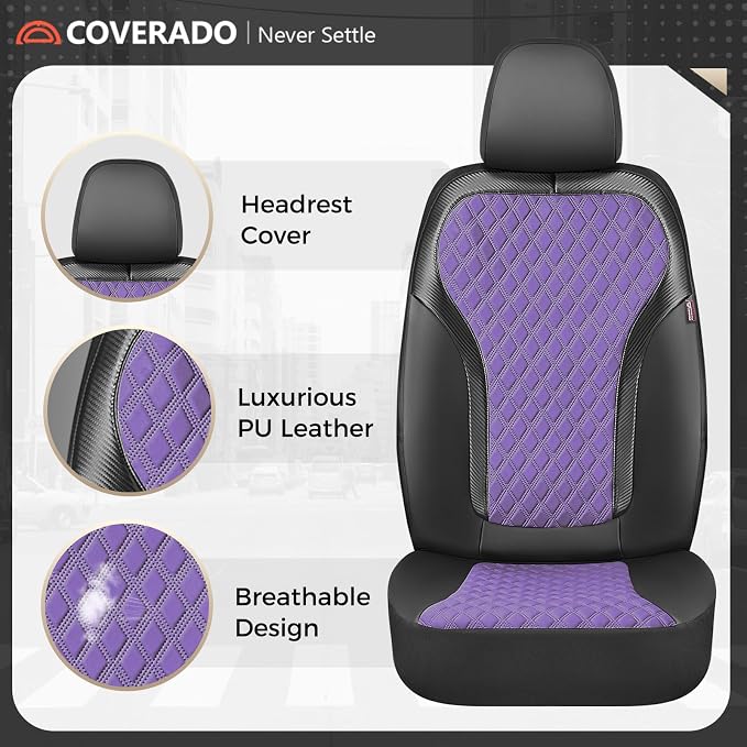 Coverado Car Seat Cover 5 Seats, Leather Seat Covers Full Set, Durable Waterproof Car Seat Protectors, Black and Purple Seat Cover, Spill-Proof Automotive Seat Covers Universal Fit for Most Cars - Image 6