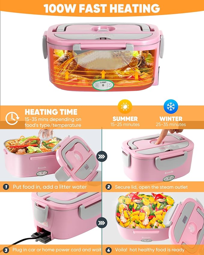 Eocolz Electric Lunch Box Food Heater 80-100W, Food Warmer with Dual Container 1.5L Portable Heated Lunch Box for Car Truck Work Stainless Steel Fork & Spoon 12/24/110V for Adults Lonchera Eléctrica - Image 6