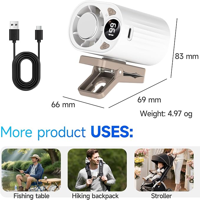 Foluu Clip On Fan, 199 Speeds Portable Mini Fan, 18000RPM USB Rechargeable Cooling Personal Fan with LED Display, 360° Rotation Turbo Fan for Car, Umbrella, Waist, Outdoor Camping, Travel Matte White - Image 6