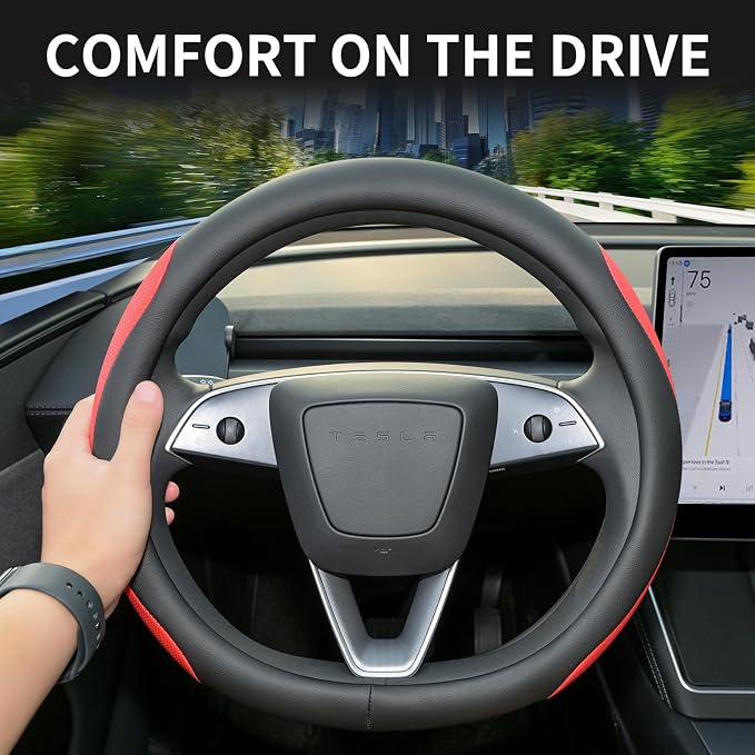 Uxcer Nappa Leather Steering Wheel Cover Compatible with Tesla Model 3/Y 2016-2025 2026 Juniper/Highland, Non-Slip Breathable Model 3/Y Steering Wheel Protector, Red - Image 3
