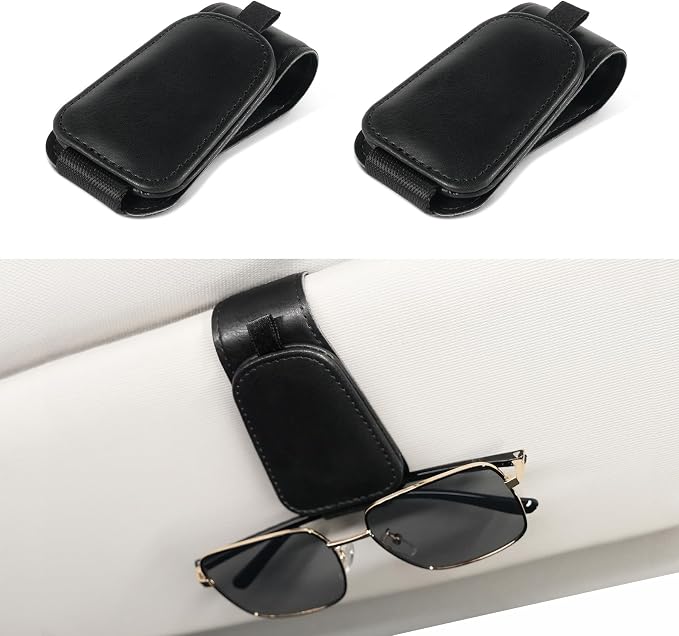 SINGARO 2 Pack Sunglass Holder for Car Visor Sunglasses Holder Clip, Universal Non-Slip Magnetic Leather Glasses Eyeglasses Hanger Mounter, Truck Interior Car Visor Accessories for Woman Man, Black by SINGARO