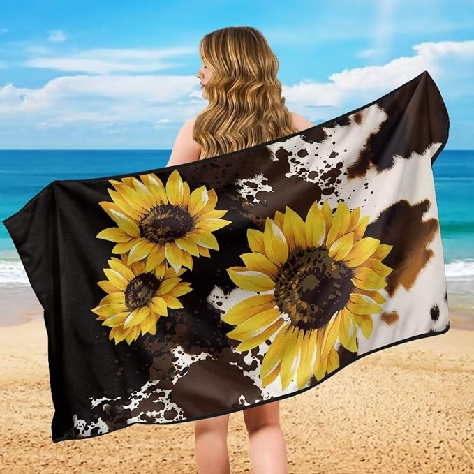 Sunflower Brown Cow Car Seat Cover Sweat Auto Seat Towel Cover for Front Seat Only with Storage Bag Sunflowers Cow Print Car Interior Accessories for Yoga Swimming Hiking Universal Towels - Image 5