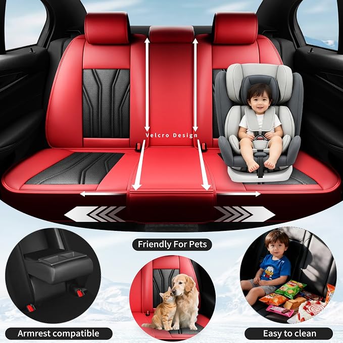 Fit CHR Premium Leather Car Seat Covers for Toyota CHR 2018-2021 2022 - Waterproof，Breathable，All-Weather Seat Cushion Protecto & Airbag Compatible, Full Set Red&Black - Image 3