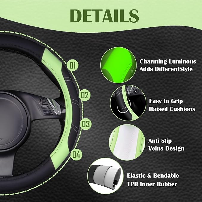 CAR PASS Line Rider Microfiber Leather Sporty Steering Wheel Cover Universal Fits for 95% Truck,SUV,Cars 14.5-15inch, Anti-Slip Safety Comfortable Design (Glows Lime Fluorescent Green) - Image 5
