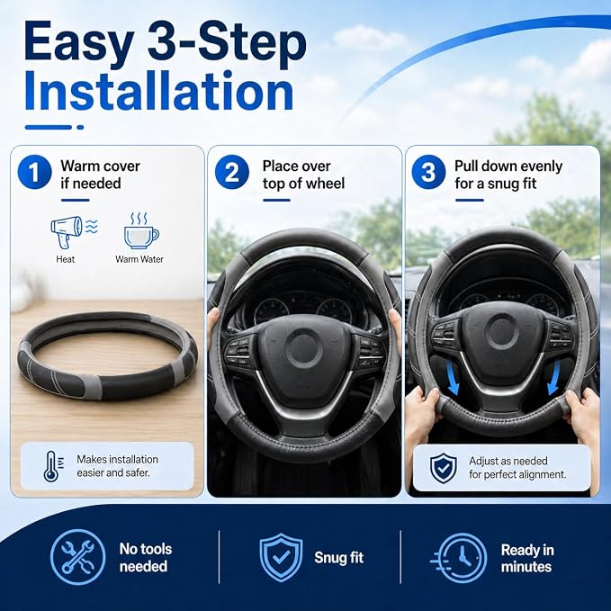 Elantrip Steering Wheel Cover for 14.5" to 15" Wheels, Soft Padded Grip with Anti-Slip Inner Lining, Breathable Comfort for Daily Driving, Easy Stretch Fit for Cars, SUVs and Trucks, Black/Gray - Image 7