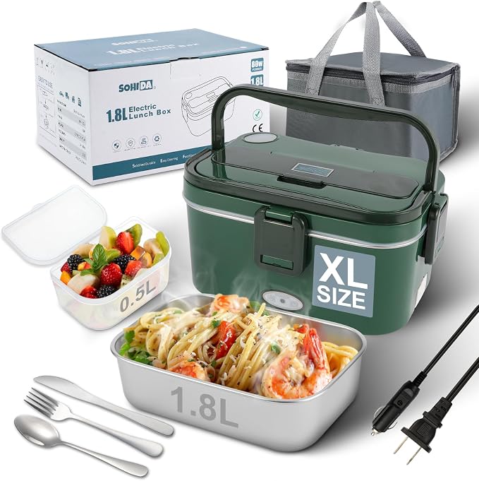 SOHIDA 1.8L Heated Lunch Box, 80W Electric Lunch Box with Long-handled Utensils for Adults, 12V/24V/110V Lonchera Eléctrica Portátil, Portable Food Warmer for Car/Truck/Office - Green by SOHIDALunchBoxes
