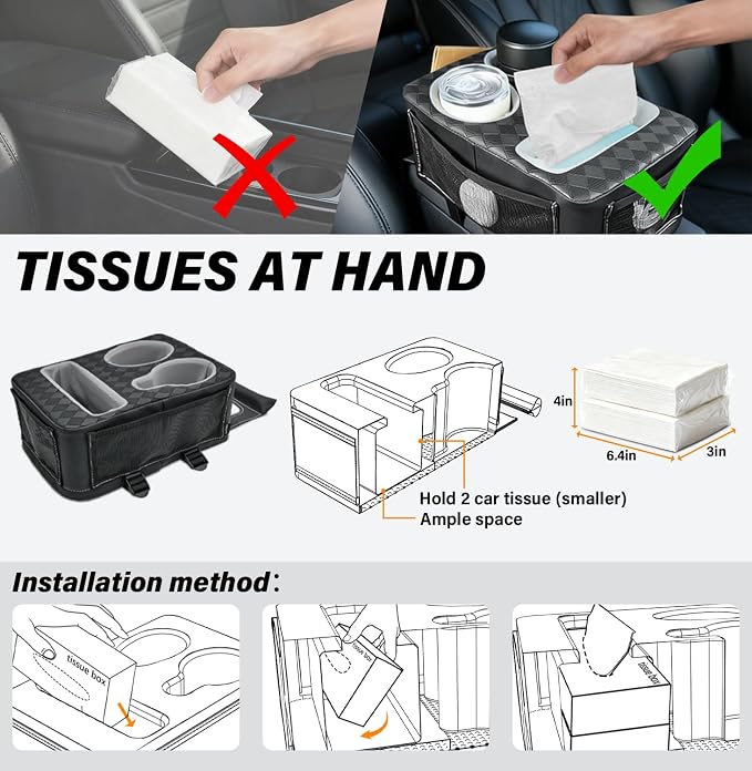 Universal Car Center Console Cup Holder Organizer Armrest Storage Box | with Bottle Holder & Tissue Slot & Side Pockets, Car Back Seat Truck Boat Couch Sofa Organizer PU Leather - Image 5