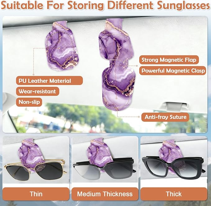 Sunglasses Holder for Car Visor - 2 Packs Purple Magnetic Leather Sunglasses Clip for Car Visor Sunglass Holder Ticket Card Hanger Clips Auto Interior Accessories for Women Men SUV Truck - Image 2