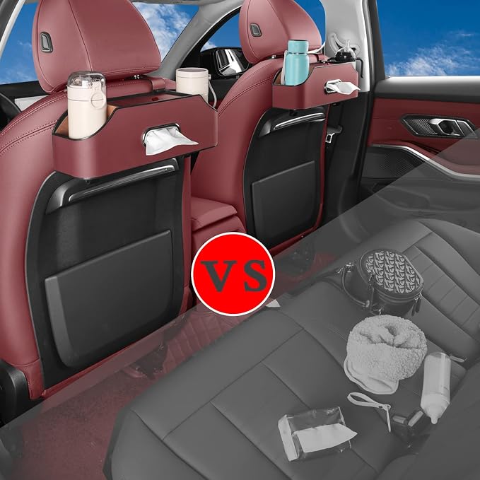 HOLDCY Car Back Seat Organizer with 2 Cup Holders, Tissue Storage, Red | Rigid ABS Frame With Pu Leather, Dual Hooks And Tool-Free Mounting For Cars, Suvs And Trucks With Separate Headrest Posts - Image 3