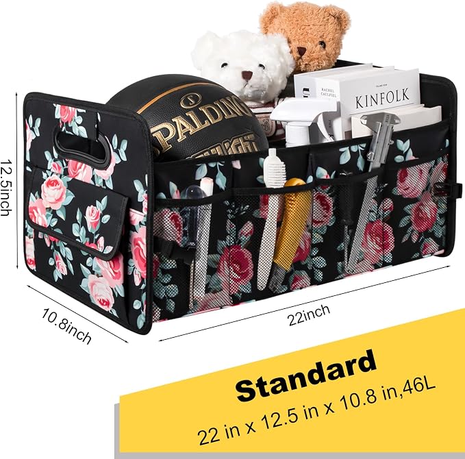 Car Trunk Organizer, Collapsible Car Organizers and Storage Black Floral | Sturdy, Large Capacity, Clean Decor, Multi Compartment Container Box, Adjustable Car Accessories for SUV Sedan Truck - Image 4
