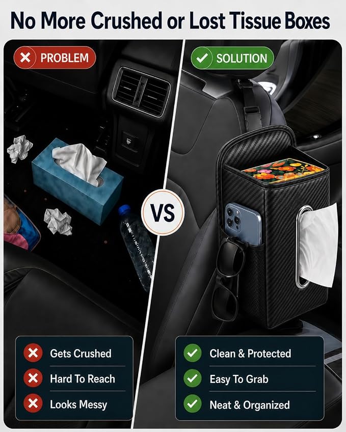COZILO Leather Car Tissue Holder for Front & Back Seats, Car Tissue Box with 2 Side Mesh Pockets, Wide Metal Opening for Easy Pull, Fits 100–160 Count Rectangular Tissue Boxes, Carbon Fiber - Image 3