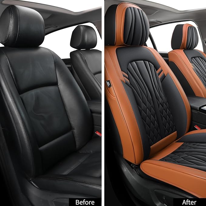 MINGBRON Car Seat Covers Front Seats, Car Seat Protector Waterproof, Car Seat Cushion Nappa Leather, Driver Seat Cover Brown Carseat Cover Universal Fit for Most Cars Brown&Black - Image 2