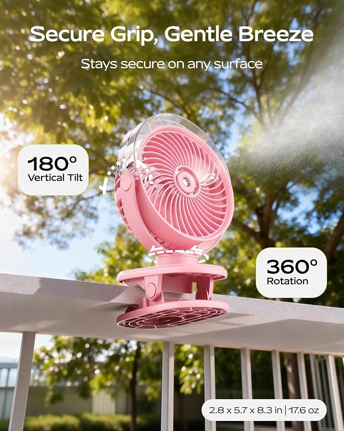 SWEETFULL Portable Misting Clip On Fan, USB-C Rechargeable Mini Personal Cooling Fan with 4 Speeds, 360° Rotatable, Quiet Cooling for Outdoor, Camping, Golf Cart, Travel, Stroller & Desk (Pink) - Image 6