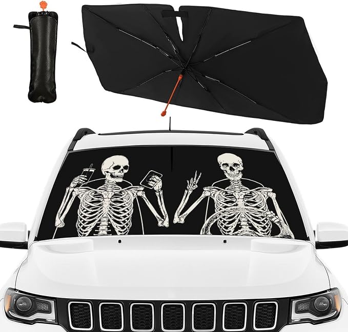 Funny Skeleton Driving Car Windshield Sunshade Umbrella Sun Shade | Skull Sunshades for Car Funny Umbrella Windshield Sun Shade Upgraded Blocks UV & Heat Front Window Shades for SUV Sedan Auto - Image 2