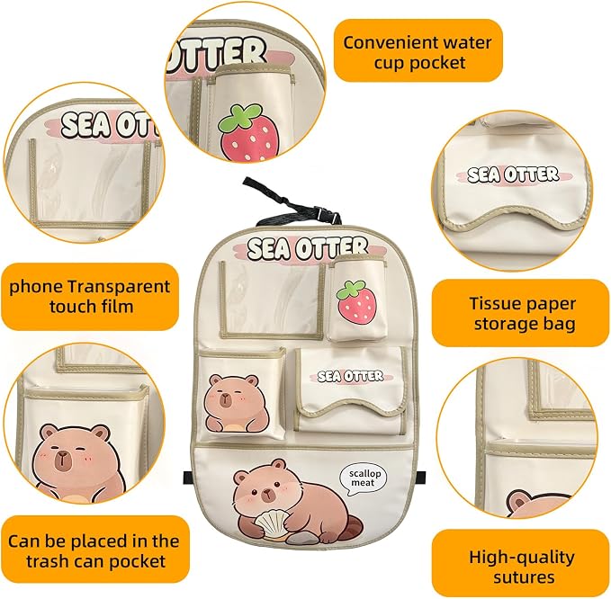 kids Leather Car Backseat Organizer with Foldable Table Tray, Car Storage Organizer with Tablet Holder, Car Seat Back Protectors Kick Mats, Travel Accessories (SEA OTTER2) - Image 4