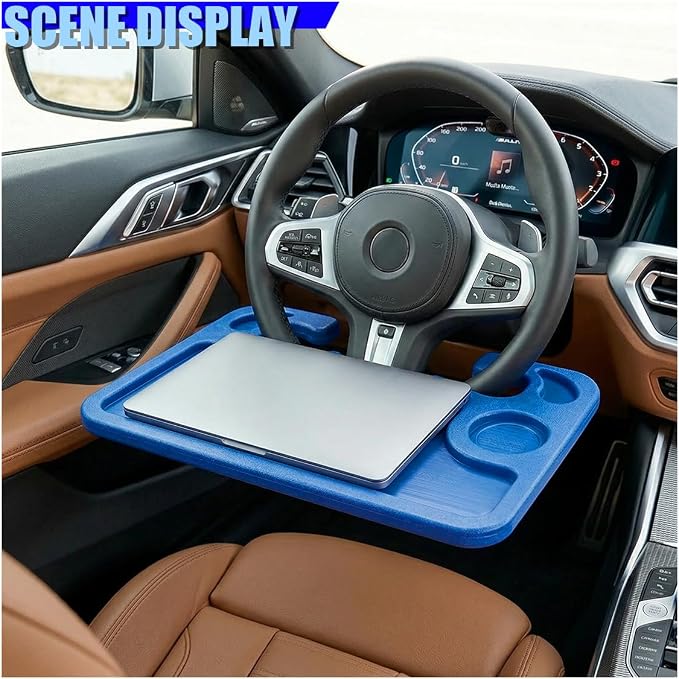 Car Steering Wheel Desk, 2 in 1 Multipurpose Auto Steering Wheel Tray with Drink Holder and Pen Slot, Portable Vehicle Computer Office Table Travel Accessories for Laptop, Food (Blue) - Image 5