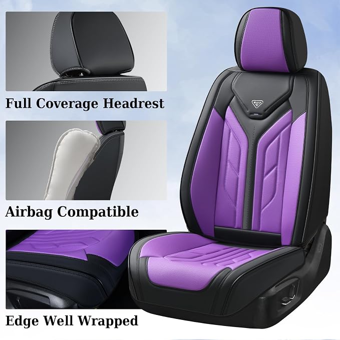 Coverado Car Seat Covers Full Set, Car Seat Protectors Leather Seat Covers for Cars, Automotive Seat Covers Car Accessories Universal Fit for Most Sedans SUV Pick-up Truck(Black&Purple) - Image 3