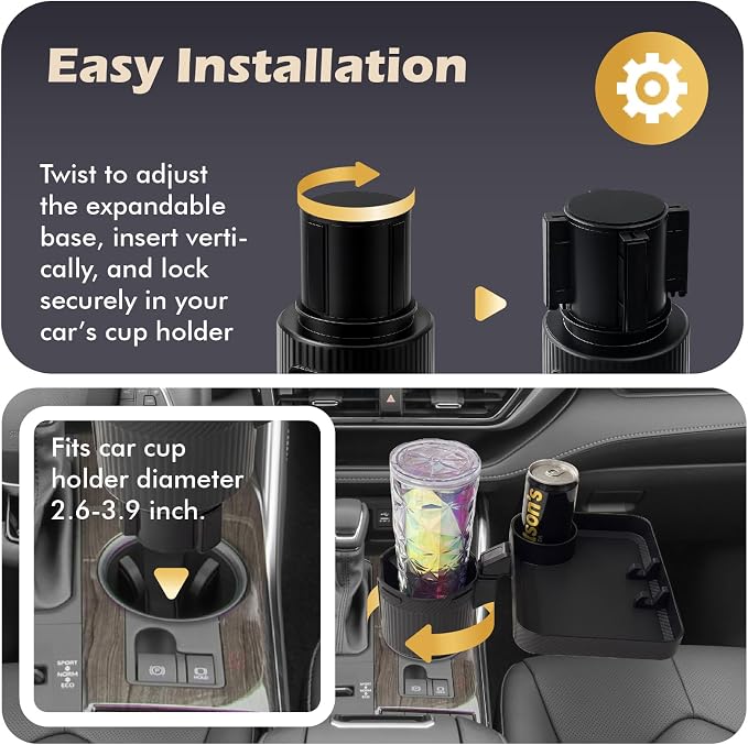 OtterVerz 11 Car Cup Holder Tray, 3 in 1 Cup Holder Expander Adapter for Car, 360° Rotating 10.5" Car Food Tray Eating Table, Road Trip Essentials Fits Yeti, Hydro Flask 16-46 oz Large Water Bottles - Image 3