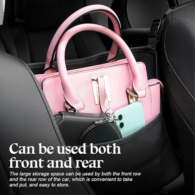 XINLIYA Car Handbag Holder Between Seats, PU Leather Multi-Pocket Large Capacity Purse Holder, Auto Net Bag Barrier of Backseat Pet Kids, Car Seat Organizers and Storage for Cargo Tissue Cup（Brown） - Image 4