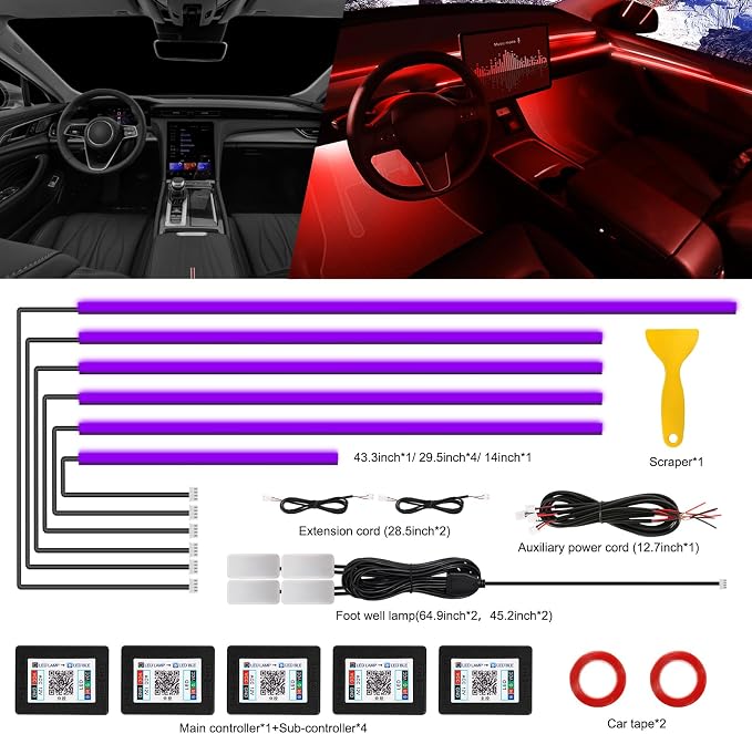 Acrylic Interior Car LED Strip Light with Wireless APP, 10 in 1 with 175 inches 593 LEDs Neon LED Strip Light, RGB Colors Dynamic Music Sync Car Ambient Lighting Kits - Image 3