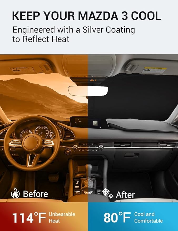 Proadsy Custom Fit 2019-2026 Mazda 3 Windshield Sun Shade, Blocks Heat | 240T Heat Shield, Drops Temp 54°F, Blocks 99% UV, Prevents Dashboard Cracking, Summer Parking & Beach Trips, Easy Twist-Fold - Image 3