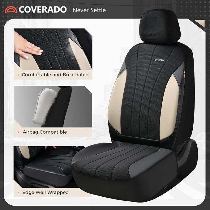 Coverado Automotive Seat Covers Front Seats, Luxury Car Seat Covers, Auto Seat Covers 2-Pack, Beige Driver Seat Protectors, Universal Fit for SUVs, Trucks, Sedans - Image 2