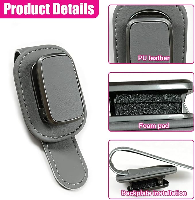 Car Sunglass Holder, Leather Car Sun Visor Eyeglasses Clip with Anti-Scratch Soft Padding, One-Handed Operation Auto Interior Glasses Organizer for Most Cars, Trucks, SUVs (Gray) - Image 3