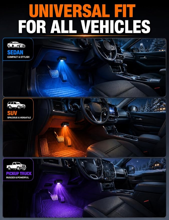 2PCS Car LED Lights Interior Wireless, 7 Color Ambient Lighting | USB-C Rechargeable 15H Battery, Smart Sync Car Decor Gifts for Men Women Teens All Vehicle Truck RV SUV Motorcycle - Image 6