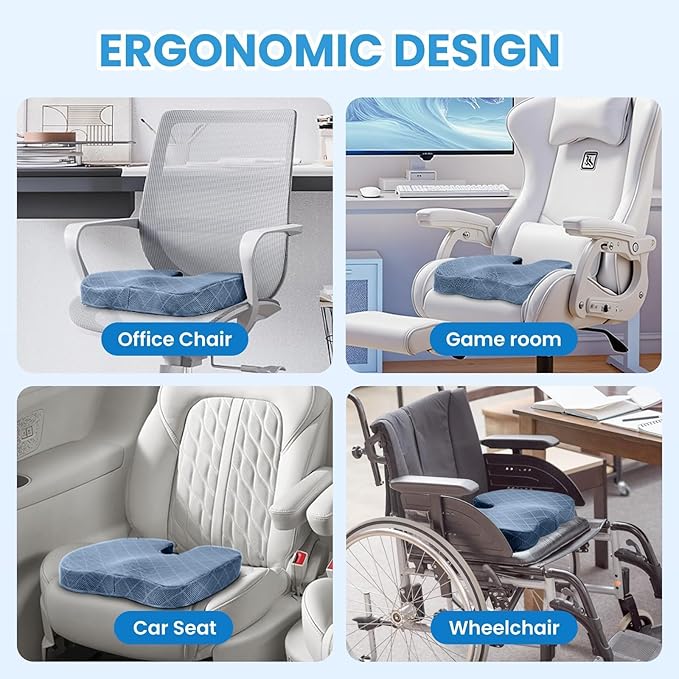 Memory Foam Office Chair Seat Cushion - Light Blue, X-Large | for Car Seat, Airplane, Desk Chair - Sciatica & Hip & Coccyx Pain Relief Cushion for Long Sitting Office Workers, Car Drivers - Image 5