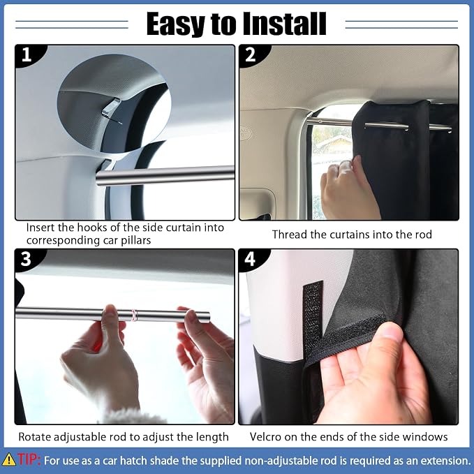 XCBYT 3-Pack Car Privacy Curtains, Rigid Rod Blackout Set | 1 divider & 2 window curtains block 99% light for camping/naps. Measure B-pillar width first; rigid rod not fit narrow car - Image 3