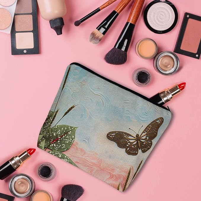 Women Cosmetic Bag Butterfly, Pond Green Leaves Floral Butterflies Cute Makeup Bag For Purse Cosmetic Travel Bag For Toiletries Makeup Storage Bag Flax Skincare Bag Make Up Pouch Bags - Image 3