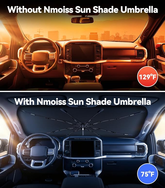 Nmoiss [Vinyl Coating Heat Shield] Windshield Sun Shade Umbrella, Compatible with Ford F150 F250 F350 All Models, F-Series Truck Accessories to Block UV Rays, Reduce Heat & Protect Interior - Image 2