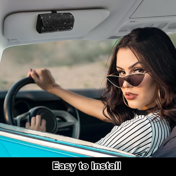 Accmor Bling Sunglasses Holder for Car Sun Visor, Sparkling Auto Glasses Clip Case Eyeglasses Protective Box, PU Leather Car Sunglass Storage Organizer for Truck, SUV, RV (Black Crystal) - Image 6