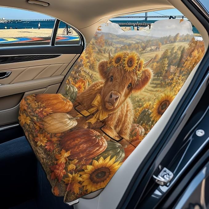 Highland Cattle Sunflower Pumpkin Print Rear Bench Towel Seat Covers, Nonslip Back Seat Cover Washable Bench Seat Covers, Wear-Resistant Car Seat Covers Protector for Dogs by LACIYISON