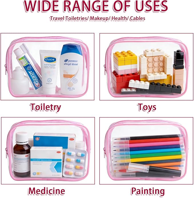 12 Pieces Clear Makeup Bags Bulk, TSA Approved Toiletry Bag Cosmetic Toiletries Pouch with Zipper, Waterproof Vinyl Plastic Organizer Case for Carry-on Travel Essentials (Pink Medium) - Image 4
