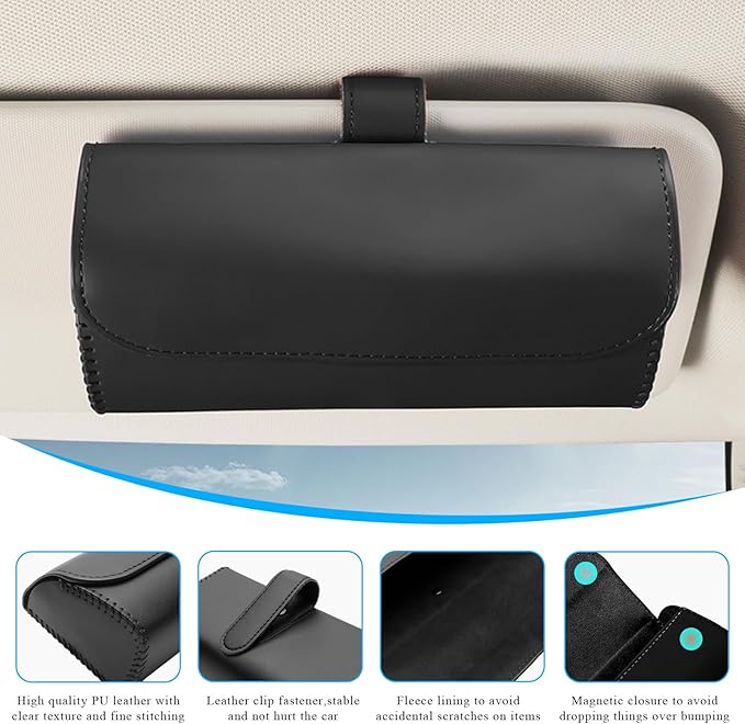 Sunglasses Holder for Car Sun Visor, Leather Auto Eyeglasses Organizer Box with Hidden Magnetic Closure, Vehicle Glasses Case Clip Holder, Car Accessories for Women Men (Black) - Image 3
