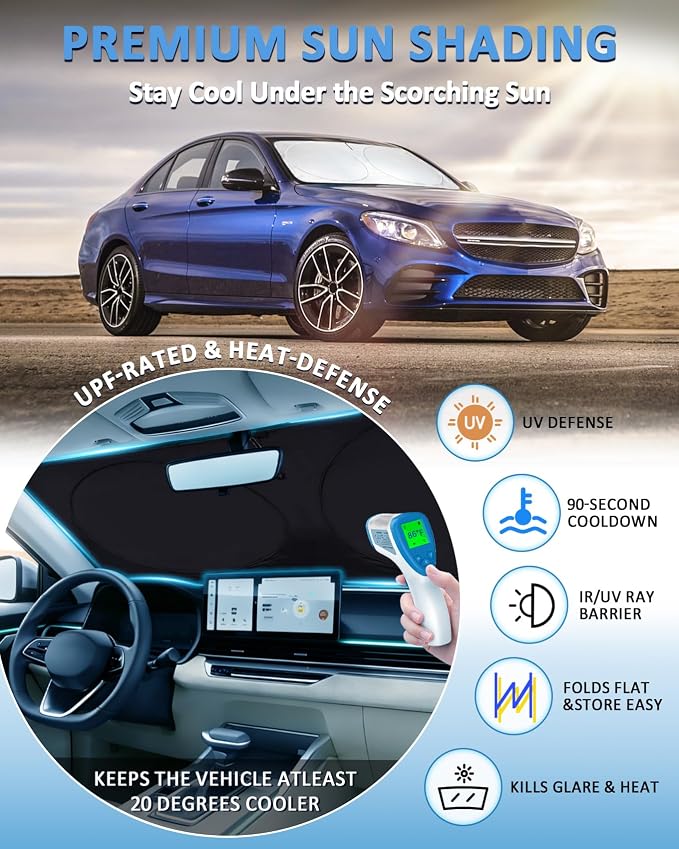Windshield Sun Shade for 2015-2021 Mercedes Benz C Class W205 C250 C300 | Custom Fit C400 Accessories Sunshade Foldable Sun Visor Protector Blocks UV Rays - Image 2